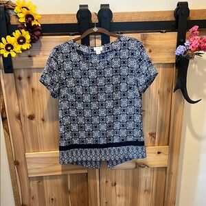 J. Crew Navy and White Geometric Blouse